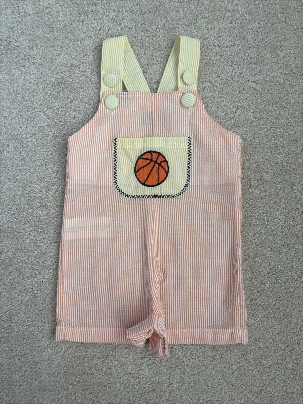 Pair of seersucker basketball themed infant rompers, size 3-6mo
